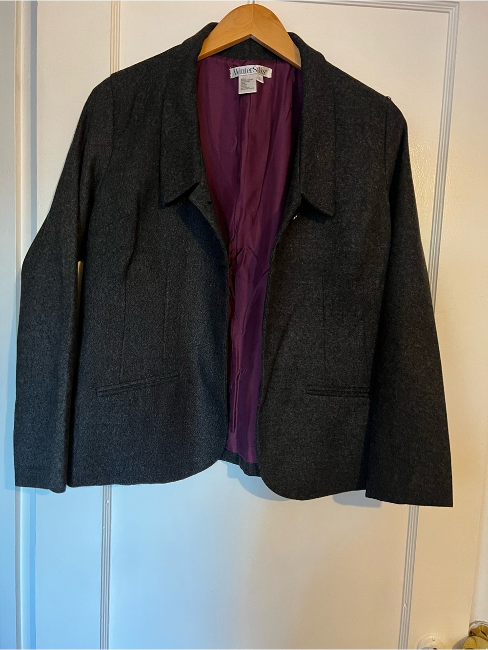 WinterSilks Women's vintage Charcoal Grey Silk-Lined Blazer Jacket 100%Silk